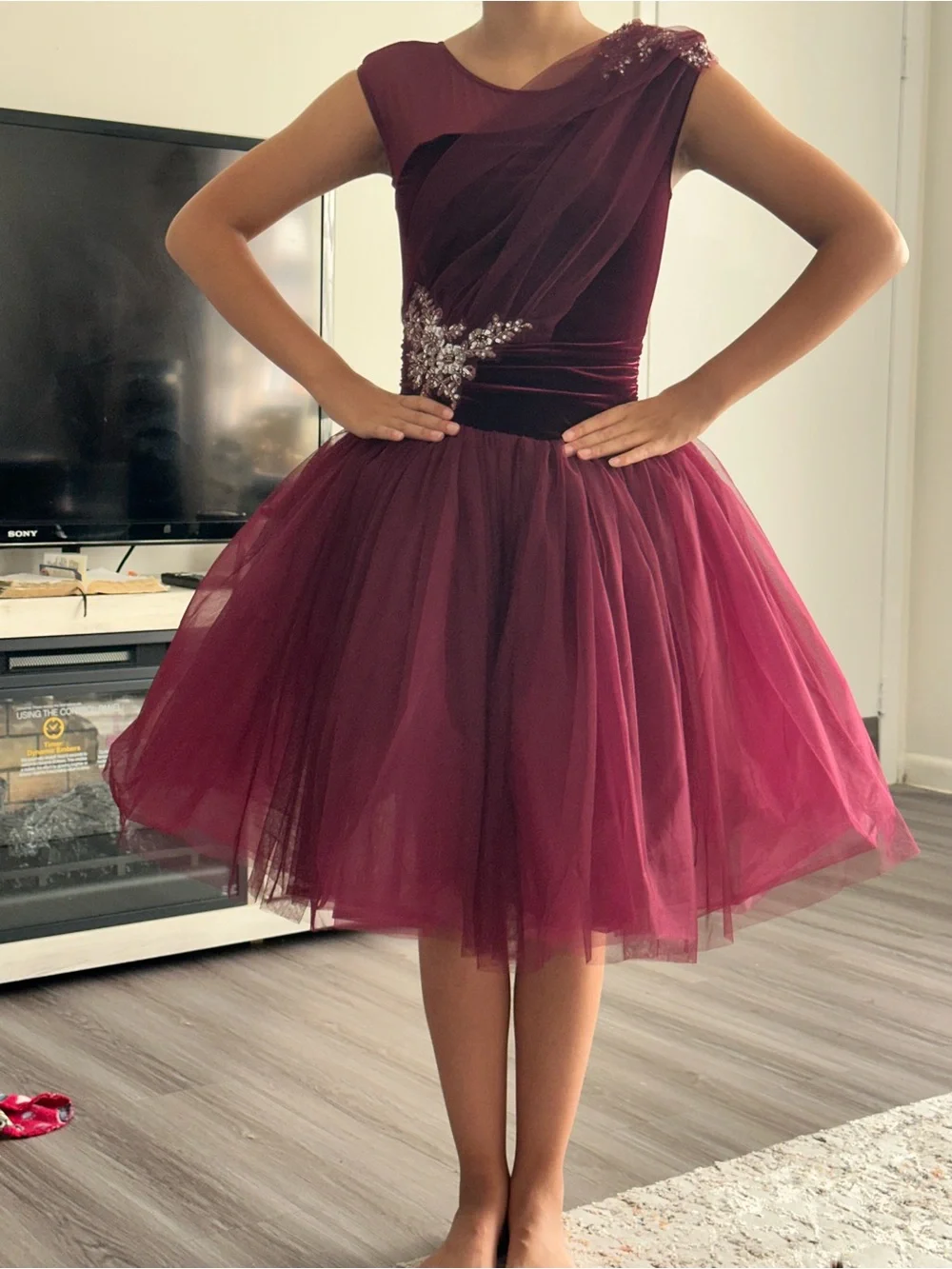 Girl’s Burgundy Tulle Dress with Jeweled Accents